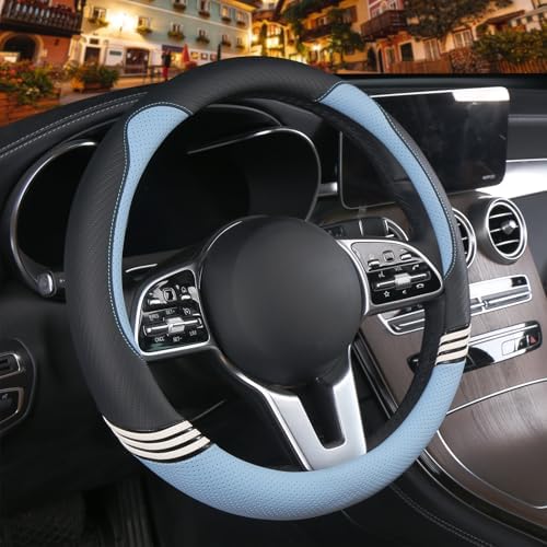 Small 14 inch Cute Leather Steering Wheel Cover Black and Blue by Binsheo