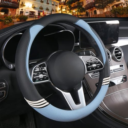 Small 14 inch Cute Leather Steering Wheel Cover Black and Blue by Binsheo