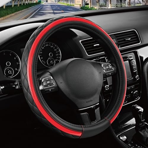 Road Comforts Leather Steering Wheel Cover – Black & Red Universal Fit 14.5-15 by RoadComforts