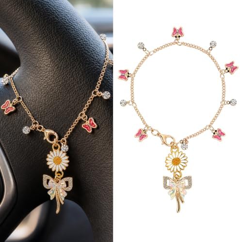 Daisy Pink Bow Tassel Car Charm, Rear View Mirror Pendant by CRASHOT