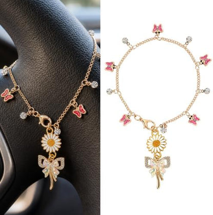 Daisy Pink Bow Tassel Car Charm, Rear View Mirror Pendant by CRASHOT