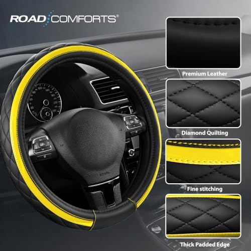 Road Comforts Leather Steering Wheel Cover – Black & Yellow, Universal Fit - Image 4