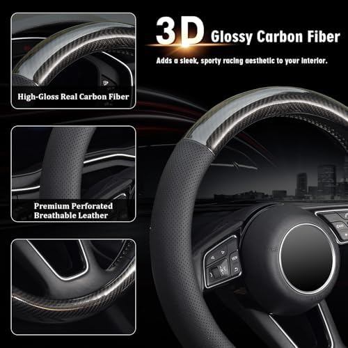 KAFEEK Classic Carbon Fiber Steering Wheel Cover, 15 inch - Image 2