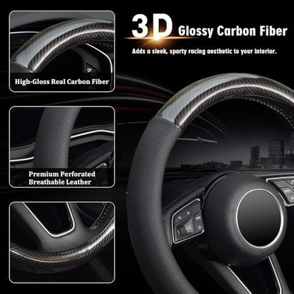 KAFEEK Classic Carbon Fiber Steering Wheel Cover, 15 inch - Image 2