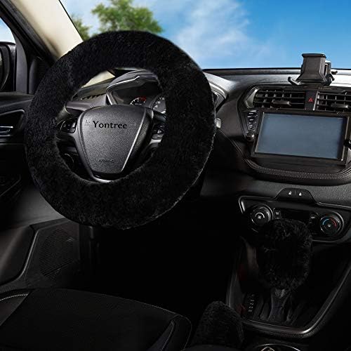 Black Furry Genuine Sheepskin Steering Wheel Cover Set - Image 3
