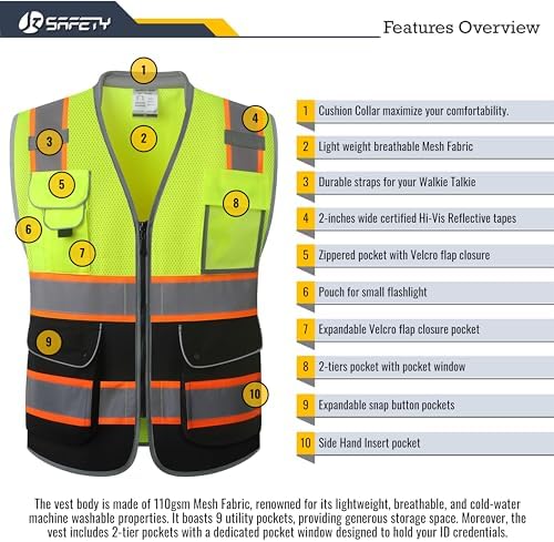 JKSafety Hi Vis Safety Vest for Men Women Cushioned Collar JK101 YBlack 2XL - Image 4