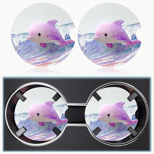 Ceramic Car Cup Holder Coasters Set of 2, 2.56 in Purple Dolphin - Image 6
