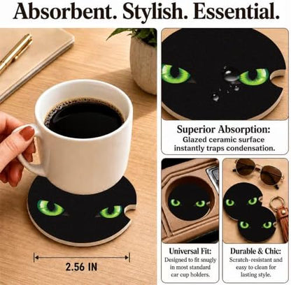 Black Cat Green Eyes Car Coasters, Dark Spooky Gothic Cup Holders - Image 3