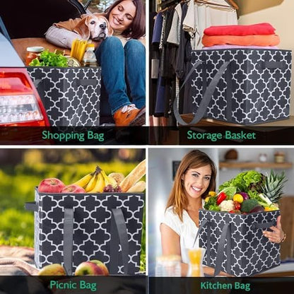 Reusable Grocery Bags 4Pack Foldable Washable Large Storage Bins, Dark Grey - Image 2