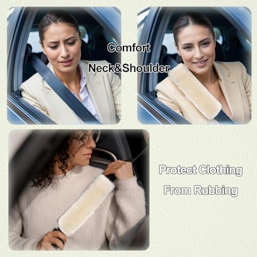 AOGELAN Fluffy Fuzzy Genuine Sheepskin Car Seat Belt Covers - Image 4