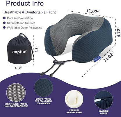 napfun Neck Pillow for Travel, Memory Foam Airplane Pillow, Deep Blue - Image 2