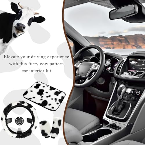 4 PCS Cow Print Car Accessories Set, Cute Cow Print Plush Wheel Shift Knob - Image 6