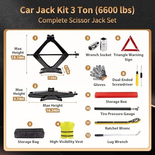3-Ton Scissor Jack Kit, 6614 lbs Capacity, High Strength Steel, - Image 2