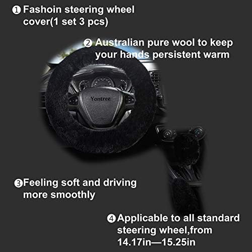 Black Furry Genuine Sheepskin Steering Wheel Cover Set - Image 4