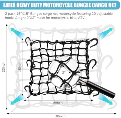 2 Pack 15"X15" Motorcycle Cargo Net Stretches to 30"x30", Total 20 Hooks - Image 2