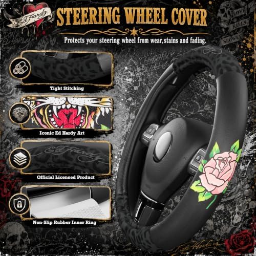 ED HARDY Tiger Print Steering Wheel Cover, Fits 14.5-15.5 Inch Steering Wheels - Image 4