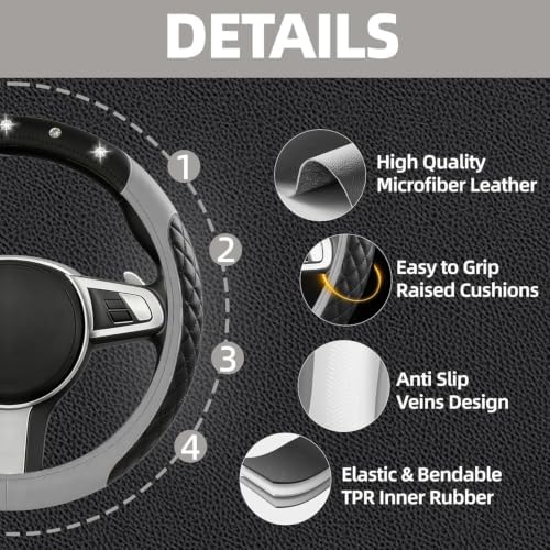 NBTEPEM 10 Pcs Bling Grey Car Floor Mats Set, Leather Grey Steering Wheel - Image 2