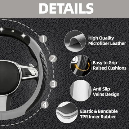 NBTEPEM 10 Pcs Bling Grey Car Floor Mats Set, Leather Grey Steering Wheel - Image 2