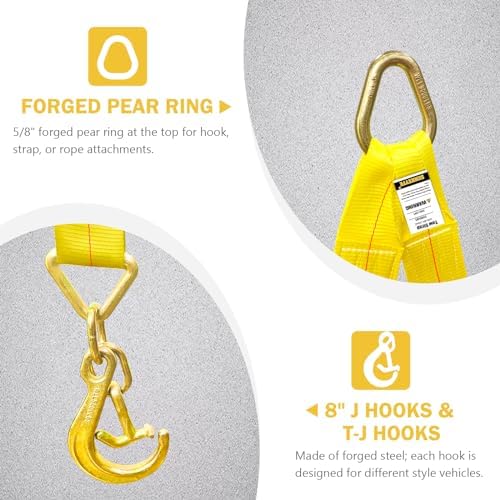 3" x 36" Tow Straps Recovery V Bridle Strap w/8" J Hooks T-J Hooks - Image 3