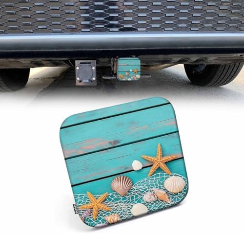 Beach Seashells Hitch Cover Rustic Fishing Net and Starfish Turquoise Blue by Beabes