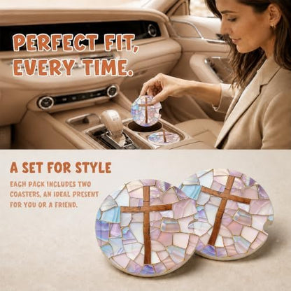 Christian Cross Stained Glass Car Coasters, Religious Faith Cup Holders - Image 2