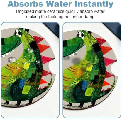 Ceramic Car Cup Holder Coasters Set of 2, 2.56 in Green Dinosaur - Image 5