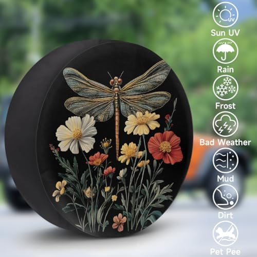 Spare Tire Cover for RV Trailer, Boho Dragonfly Flower Waterproof Sun Leather - Image 3
