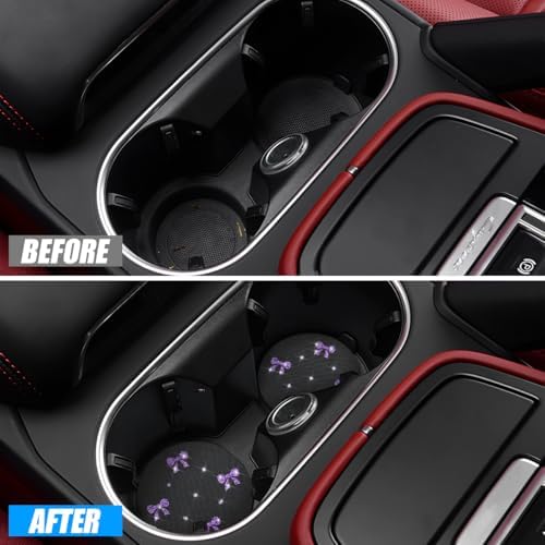 2PCS Car Coasters Rhinestone Bow Cup Holder Pad Anti-Slip Purple - Image 4