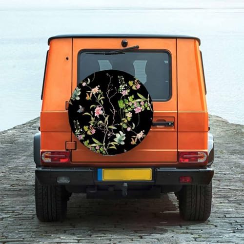 Leaves Flowers Spare Tire Cover Watercolor Black Background Wheel Covers - Image 2