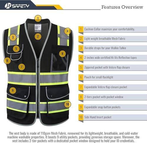 JKSafety Hi Vis Safety Vest for Men Women Cushioned Collar JK101 Black 5XL - Image 3