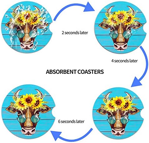 Car Coasters Pack of 2, Fun Sunflower Cow Design Absorb Condensation - Image 6
