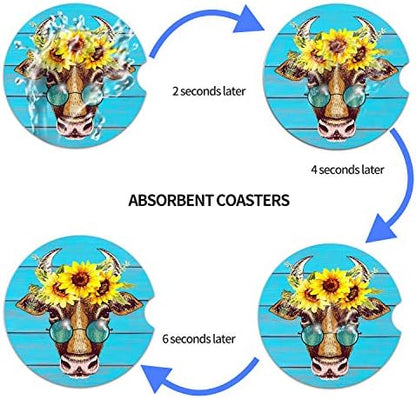 Car Coasters Pack of 2, Fun Sunflower Cow Design Absorb Condensation - Image 6