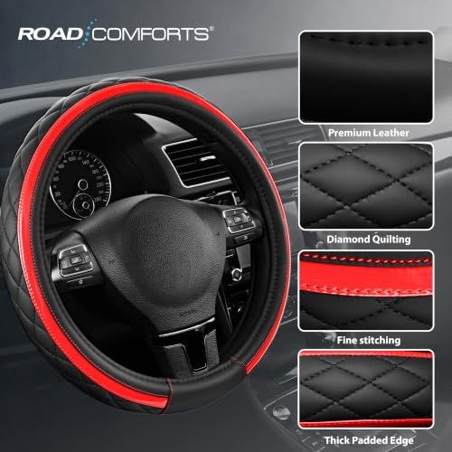 Road Comforts Leather Steering Wheel Cover – Black & Red Universal Fit 14.5-15 - Image 4