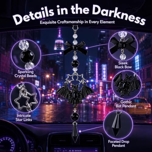 Gothic Car Rearview Mirror Charm Black Crystal Bat Pendant Decor - Image 5