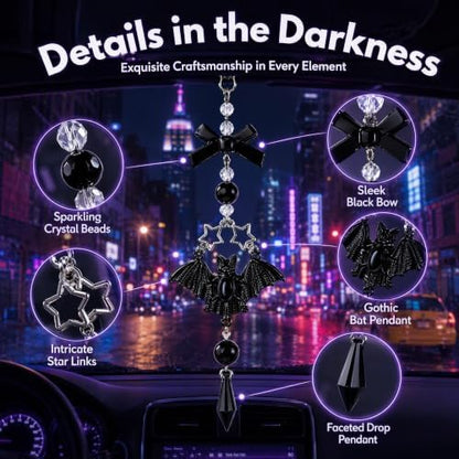 Gothic Car Rearview Mirror Charm Black Crystal Bat Pendant Decor - Image 5