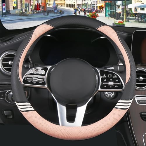 15 inch Cute Leather Steering Wheel Cover Black and Pink - Image 2