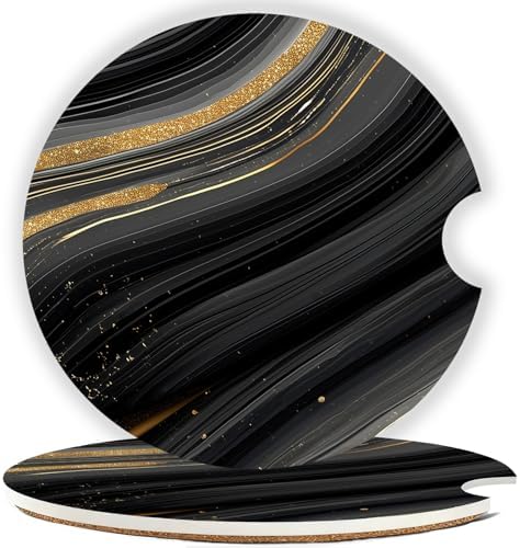 Ceramic Car Cup Holder Coasters Set of 2, 2.56 in Black Marble by Mengduxd