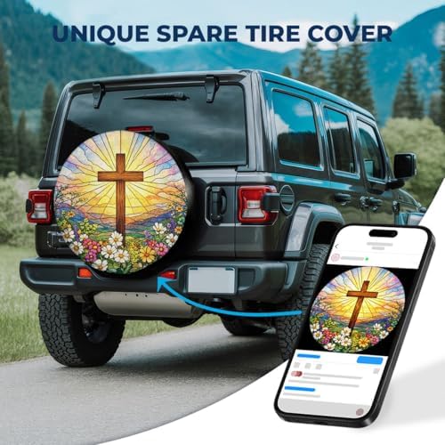 GENANY Stained Glass Cross Thick PVC Leather Spare Tire Cover Size 17 - Image 2