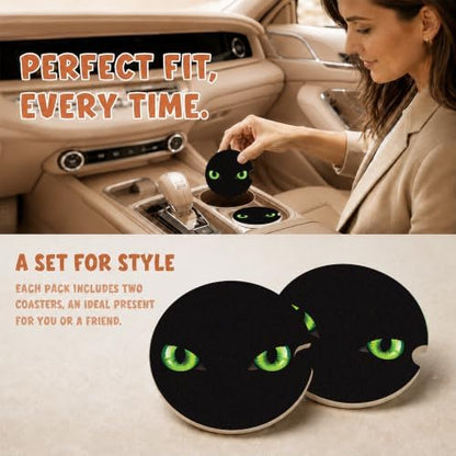 Black Cat Green Eyes Car Coasters, Dark Spooky Gothic Cup Holders - Image 2