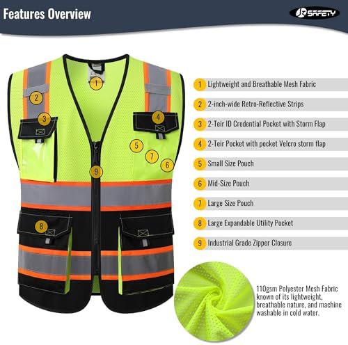 JKSafety Safety Vest for Men Women Hi Vis Reflective Vest JK220 YBlack XL - Image 3