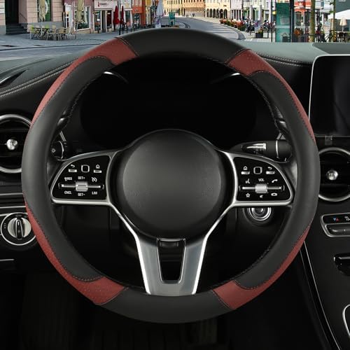 Black Burgundy Breathable Microfiber Leather Steering Wheel Cover - Image 2