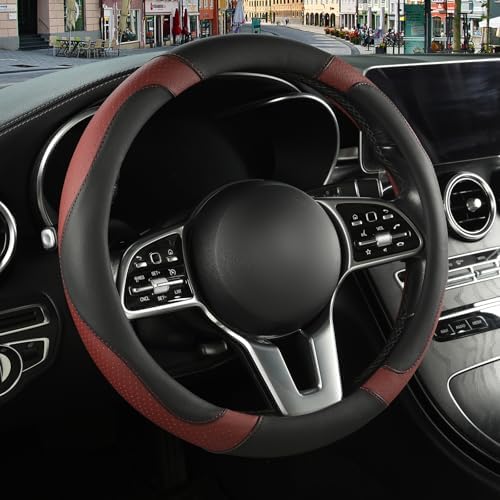 Black Burgundy Breathable Microfiber Leather Steering Wheel Cover by Binsheo