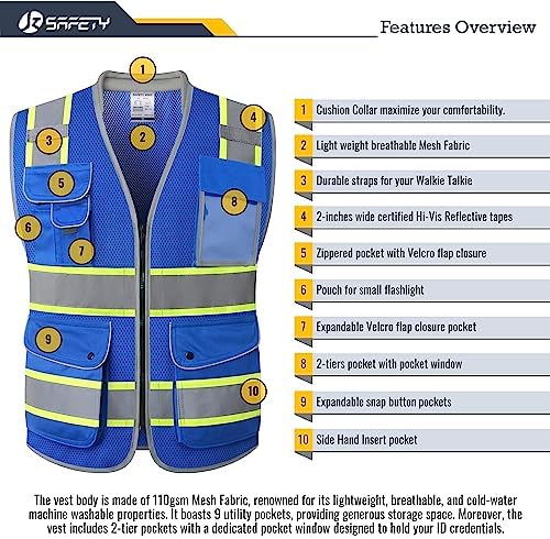 JKSafety Hi Vis Safety Vest for Men Women Cushioned Collar JK101 Blue L - Image 4