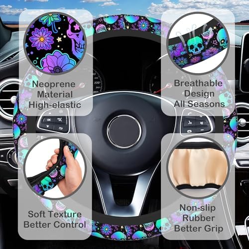Neon Skull and Flower Steering Wheel Cover - Image 3