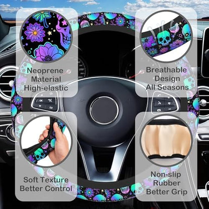 Neon Skull and Flower Steering Wheel Cover - Image 3