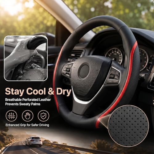 Steering Wheel Cover Black and Red Leather Universal 14.5-15 inch - Image 2