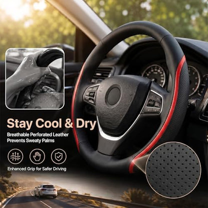 Steering Wheel Cover Black and Red Leather Universal 14.5-15 inch - Image 2