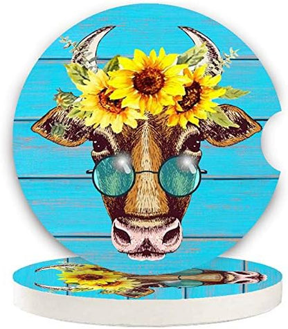 Car Coasters Pack of 2, Fun Sunflower Cow Design Absorb Condensation by LogHog