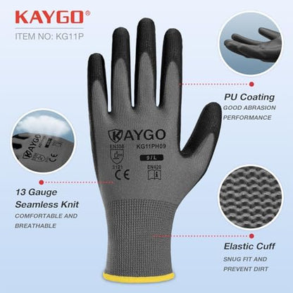 KAYGO Safety Work Gloves for Men Women, PU Coated Palm & Fingers - Image 2