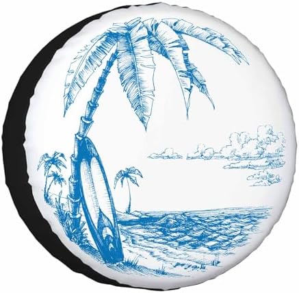 Palm Trees and Sea View Spare Tire Cover Surfing Background Blue Line Drawing by NOMEDOGYIM
